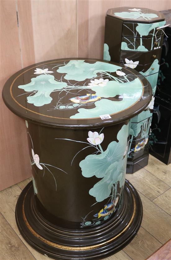 A Chinese lacquered octagonal tall chest of drawers and a Chinese lacquered pedestal, chest H.103cm